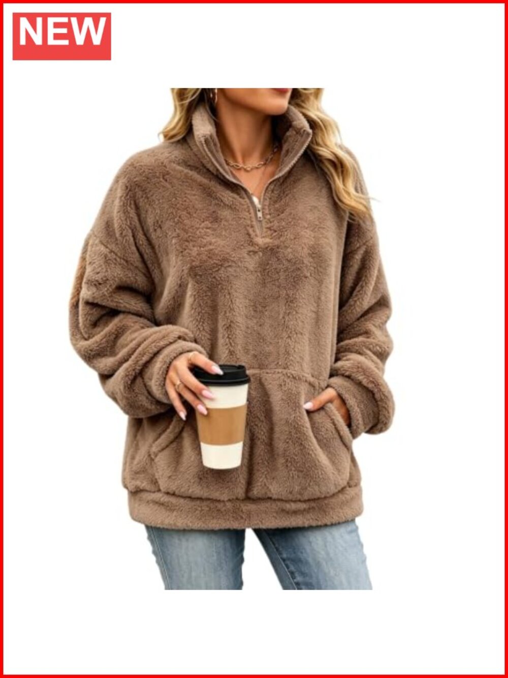 Womens Fuzzy Sherpa Fleece Quarter Zip Pullover Mockneck Sweatshirt